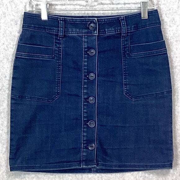 prAna Mini Skirt Organic Cotton Denim Front Button Size 2 Stretch Casual - Picture 3 of 13